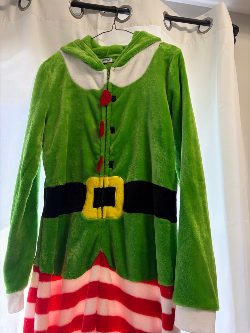 Ardene Green Elf Hooded adult Onsie with Red & White Stripes